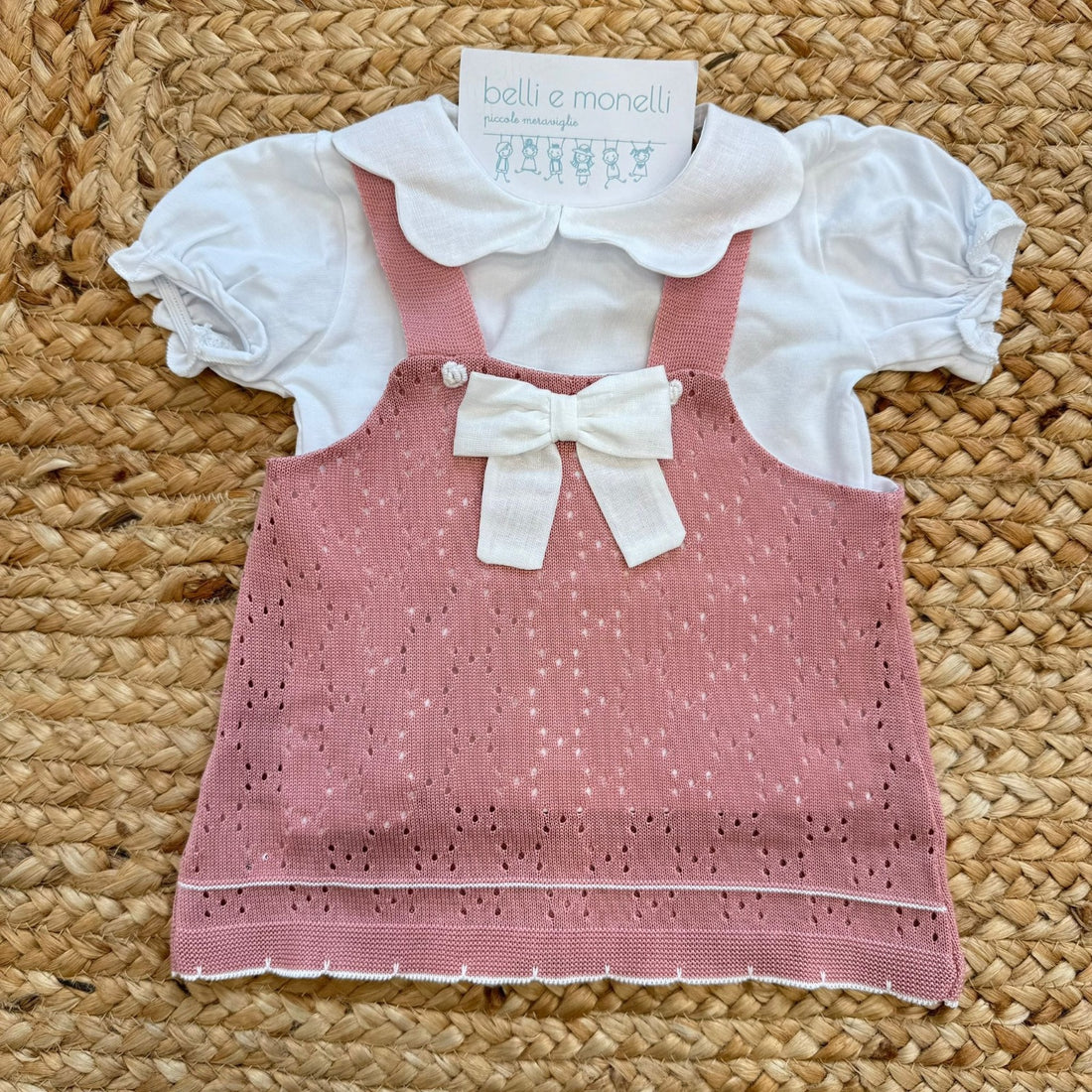 completo neonata rosa cipria lino cotone con fiocco panna