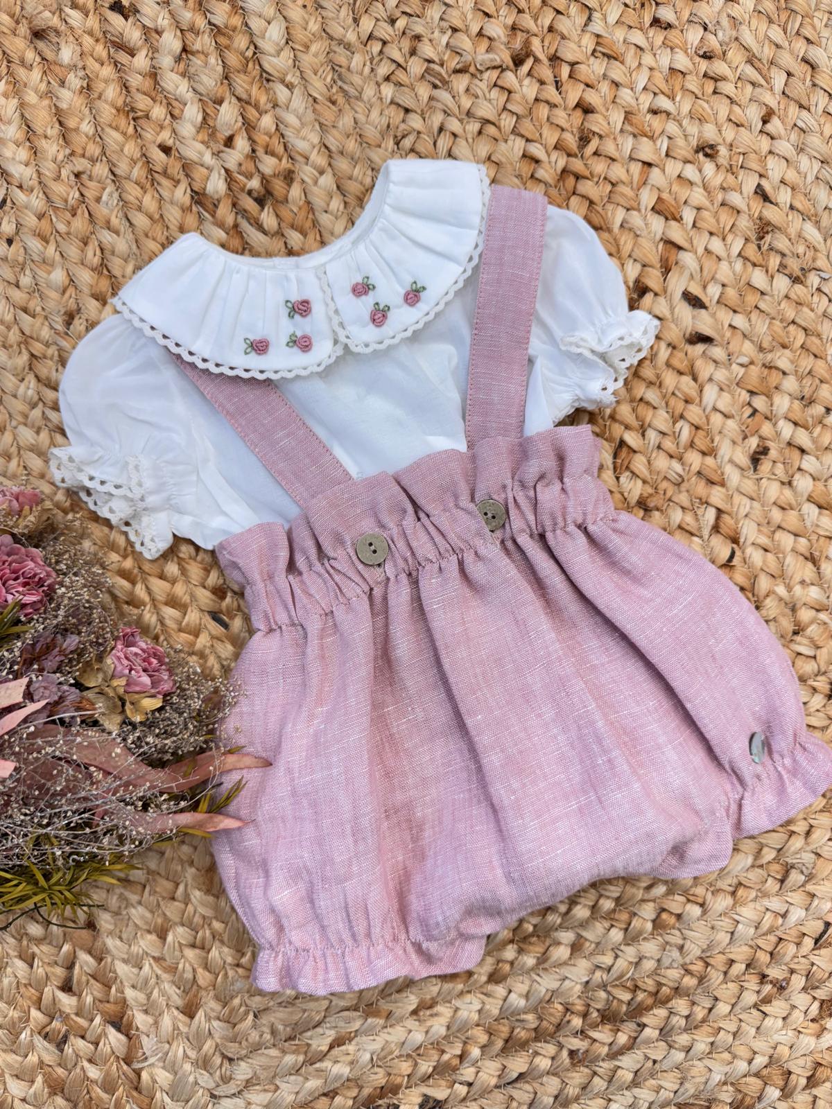 completo neonata lino rosa con camicia cotone colletto ricamato