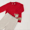 Completo natalizio neonata in cotone con maglioncino rosso orsetto e renna e pantaloni panna