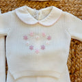 Completo neonata in pura lana bianco con maglia, pantalone, cappellino e scarpine ricamate a mano