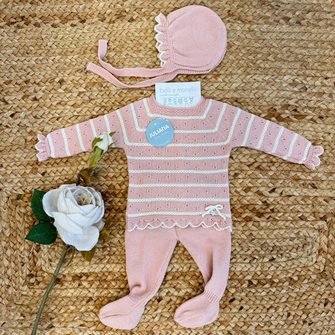 Completo neonata rosa a righe con cuffietta abbinata

