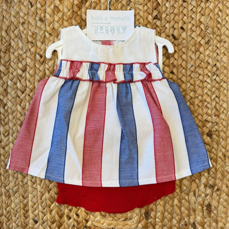 Completo neonata con top a righe rosso e blu e culotte