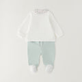 Completo nascita neonata in ciniglia verde menta e bianco con ricamo floreale e ghettina con piedini