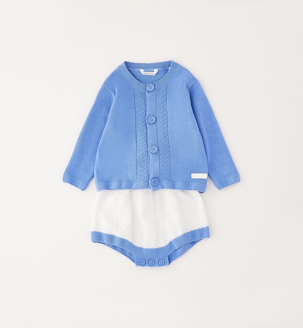 Completo neonato 100% cotone con cardigan azzurro e copripannolino bianco