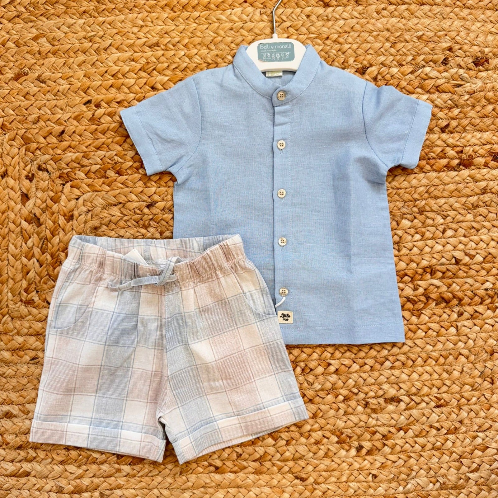 completo neonato elegante azzurro con bermuda check estivo