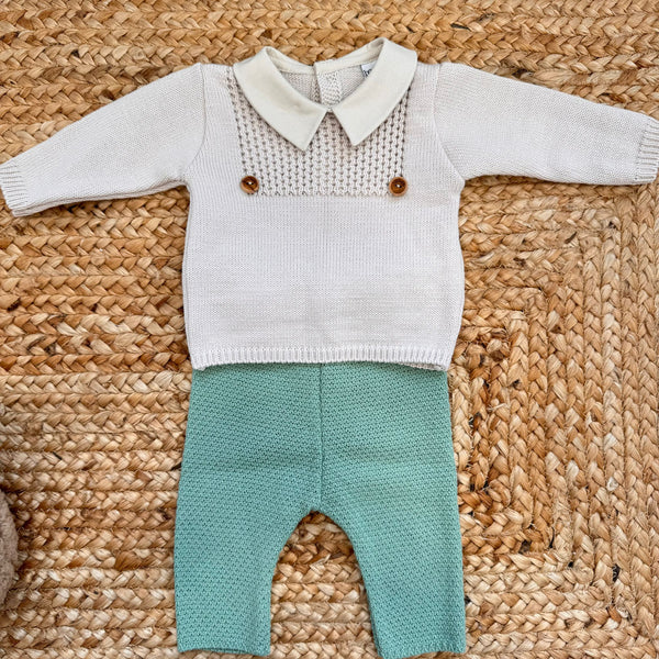 Completino neonato beige e verde con colletto panna e bottoncini

