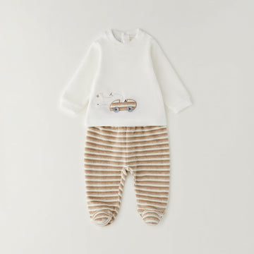 Completo neonato in ciniglia panna e beige con ricamo auto