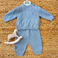 Completo neonato in cotone azzurro con lavorazione a rombi