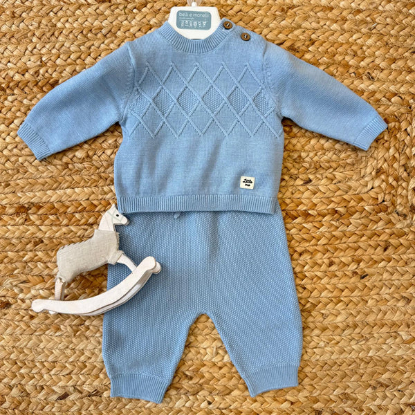 Completo neonato in cotone azzurro con lavorazione a rombi