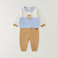 Completo neonato in cotone e lana con maglia bianca e azzurra con orsetto e pantalone beige
