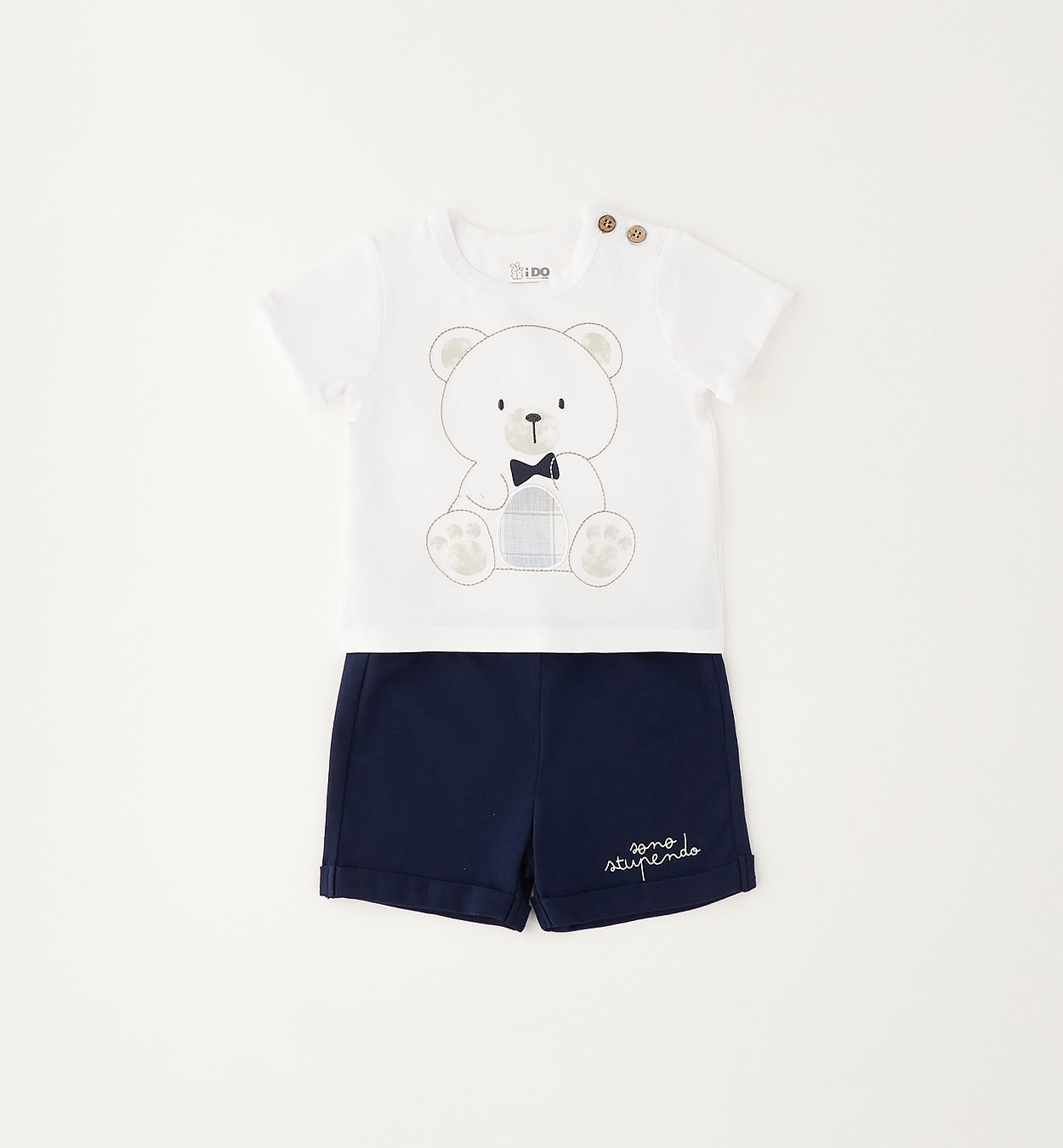 completo neonato cotone bianco e blu con orsetto