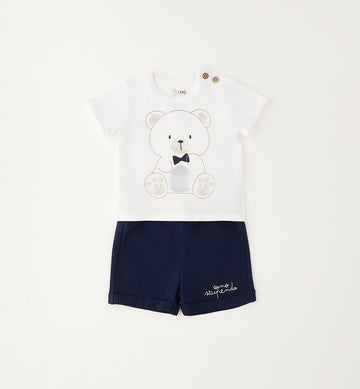 completo neonato cotone bianco e blu con orsetto