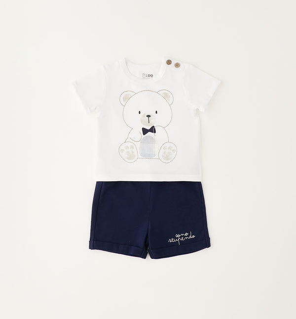 completo neonato cotone bianco e blu con orsetto