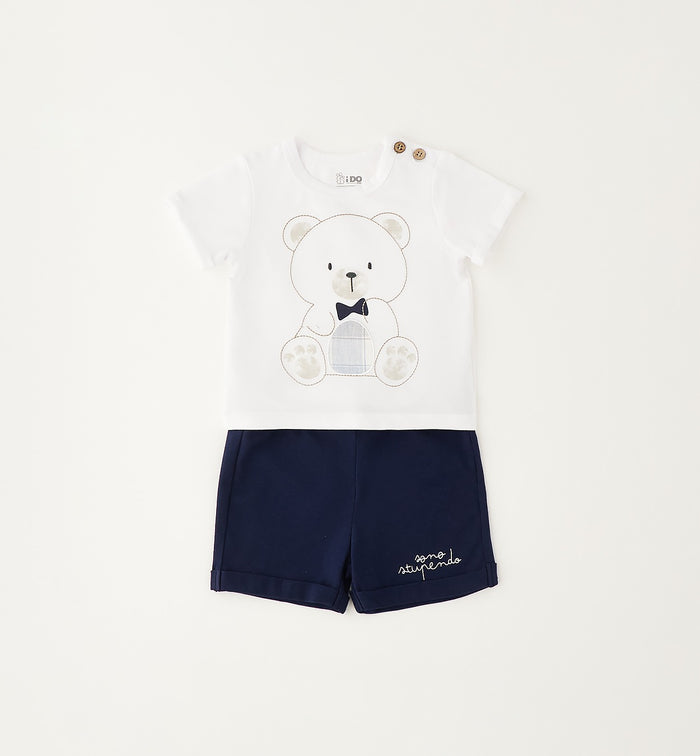 completo neonato cotone bianco e blu con orsetto
