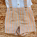completo neonato cotone con salopette rigata arancio e beige