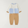 Completo neonato in cotone e lana con maglia bianca e azzurra con orsetto e pantalone beige