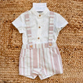 completo neonato elegante con salopette rigata cipria e camicia bianca