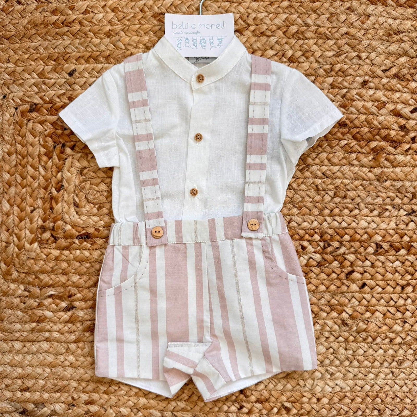 completo neonato elegante con salopette rigata cipria e camicia bianca