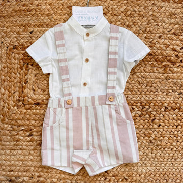 completo neonato elegante con salopette rigata cipria e camicia bianca