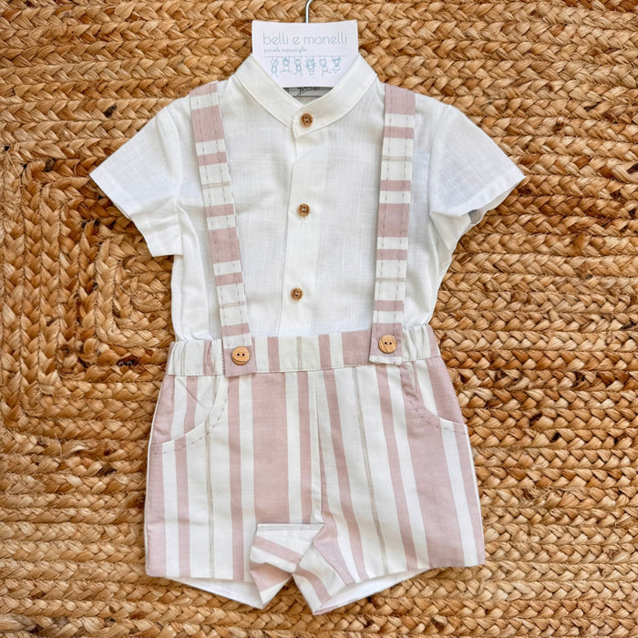 completo neonato elegante con salopette rigata cipria e camicia bianca