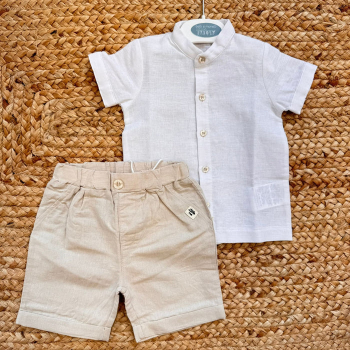 completo neonato elegante lino cotone camicia bianca pantaloncino beige