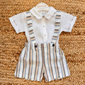 completo neonato elegante lino con salopette rigata beige e azzurra