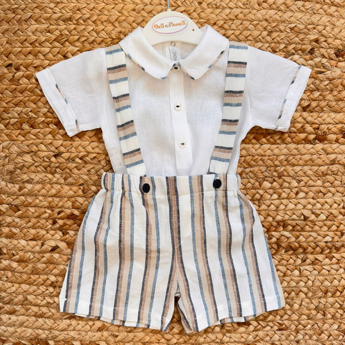 completo neonato elegante lino con salopette rigata beige e azzurra