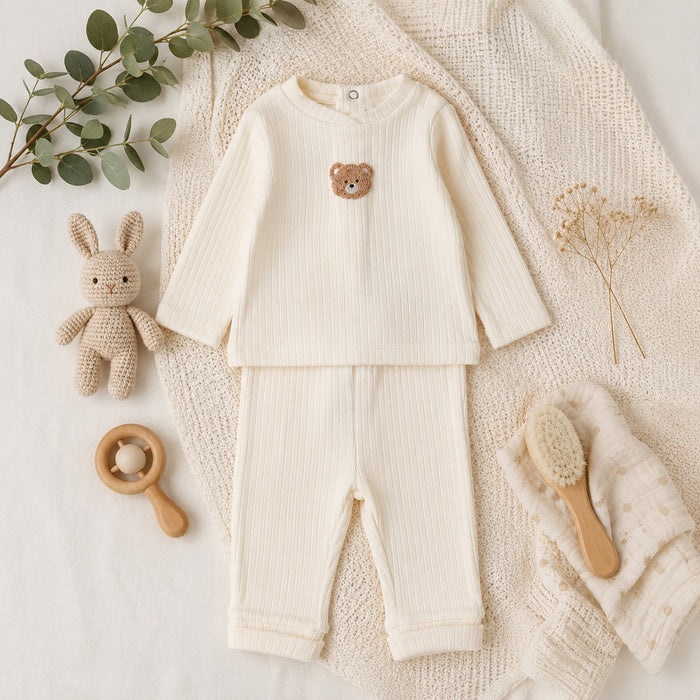 Completo neonato panna con maglia e pantalone a costine, dettaglio orsetto, ideale per corredino nascita e primo cambio.