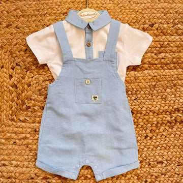 completo neonato elegante salopette azzurra e polo bianca
