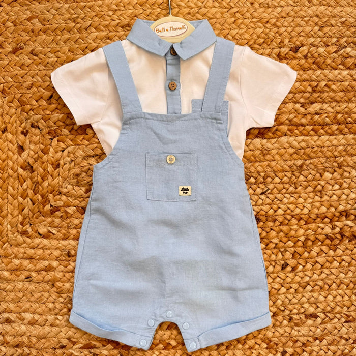 completo neonato elegante salopette azzurra e polo bianca