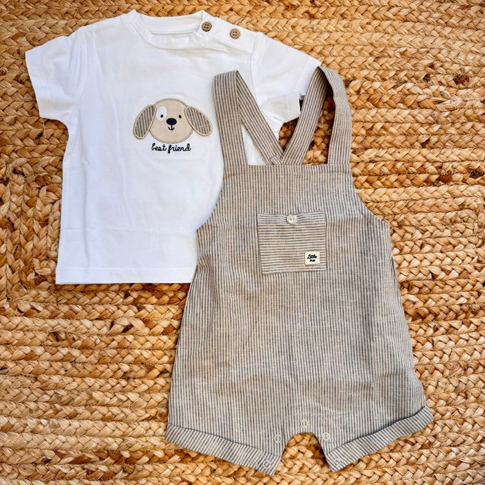 completo neonato salopette rigata con t-shirt ricamo cagnolino