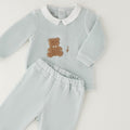 Completo neonato in ciniglia verde menta con orsetti, colletto bianco e pantalone con piedini