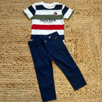 completo neonato con t-shirt righe New York e pantaloni blu