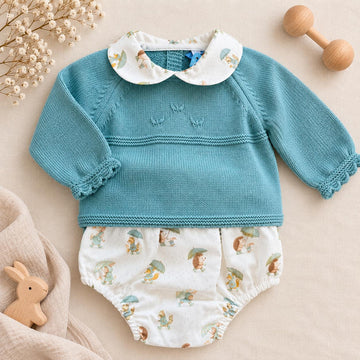 Completo pagliaccetto bimbo verde salvia con maglia e culotte fantasia animaletti