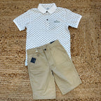Completo estivo bambino con polo stampata e bermuda sabbia