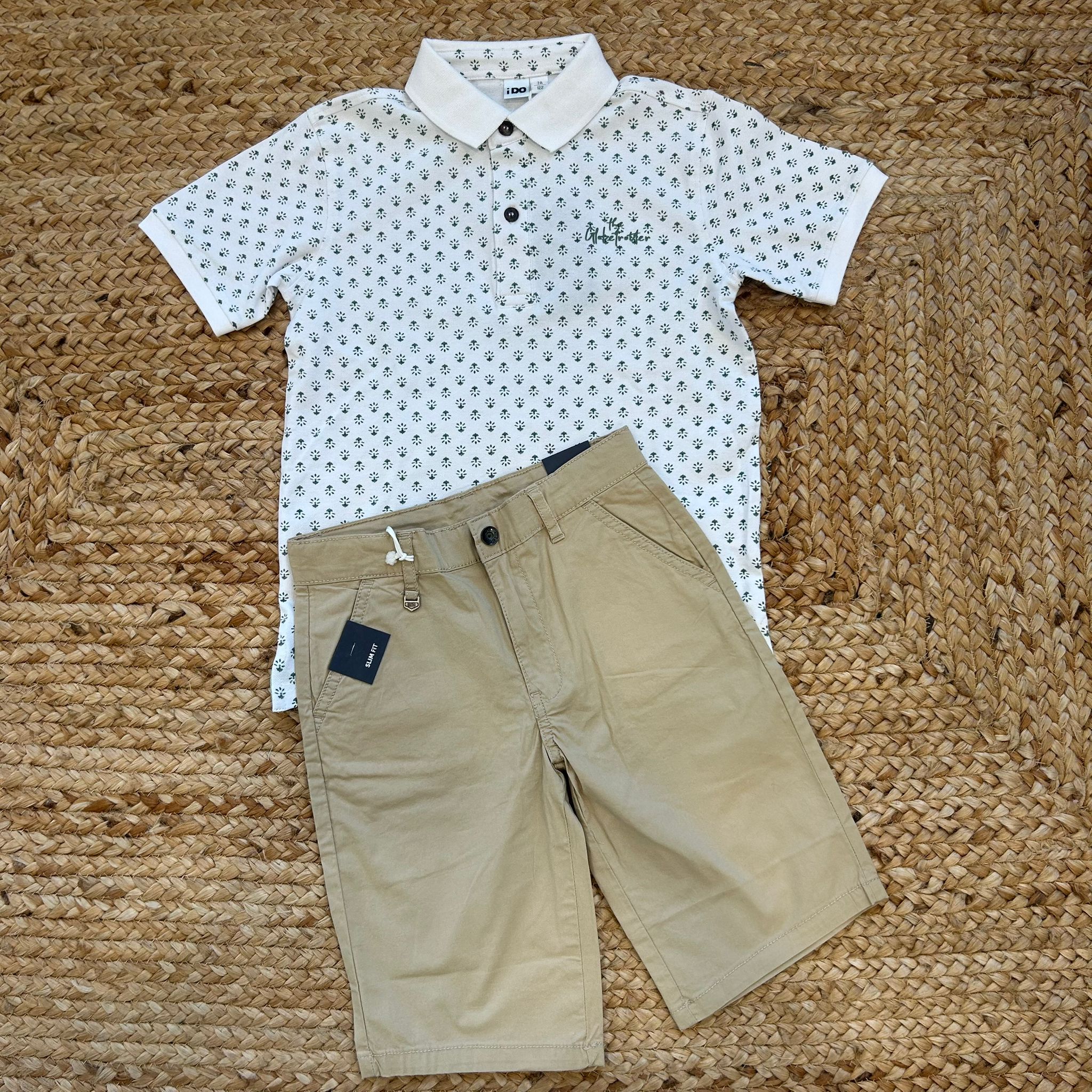 Completo estivo bambino con polo stampata e bermuda sabbia