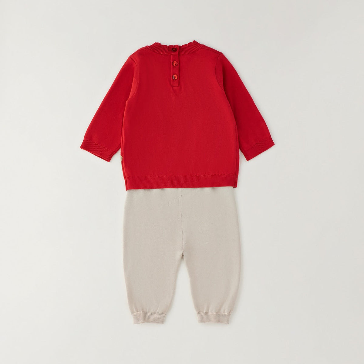 Completo natalizio neonata in cotone con maglioncino rosso orsetto e renna e pantaloni panna