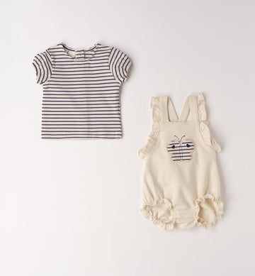 Completo salopette estiva bimba con maglietta a righe e farfalla ricamata
