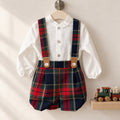 Completo salopette natalizio bimbo Calamaro Baby con camicia bianca e pantaloncini tartan rossi, verdi e blu con bretelle