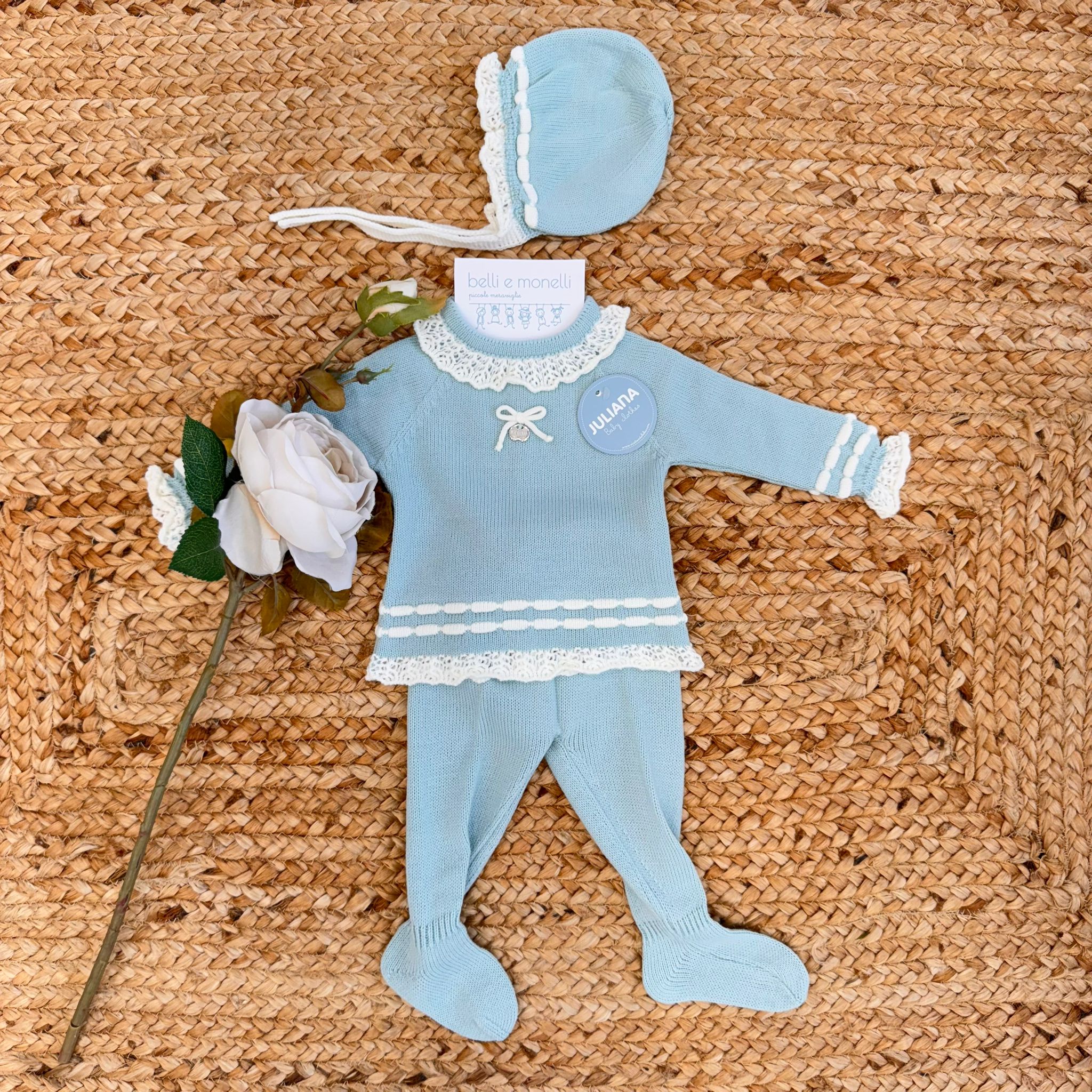 completo tricot turchese neonata con merletto e cuffietta

