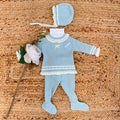 completo tricot turchese neonata con merletto e cuffietta

