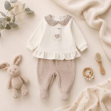 Retro completo nascita neonata in ciniglia panna e beige con pantalone con piedini