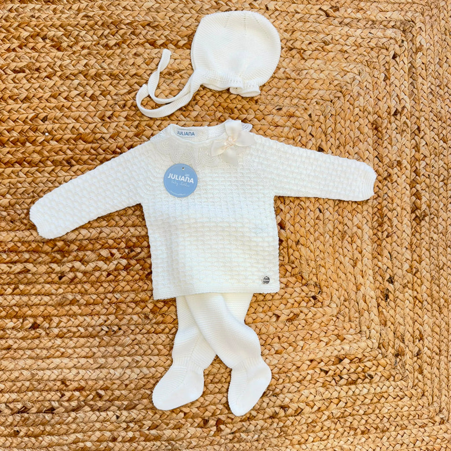 Completo nascita neonata panna con cuffietta