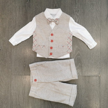 Completo battesimo bimbo beige con dettagli rossi