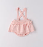 completo 3 pezzi neonata rosa cotone e lana gonna bretelle