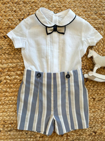 Completo Battesimo, Camicia Body, Pantaloncino Con Bottoni Alla Camicia, Papillon