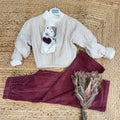 completo bambina cardigan panna e pantaloni velluto bordeaux