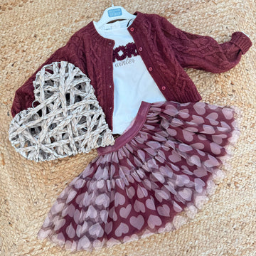 completo bambina con cardigan bordeaux e gonna tulle cuori
