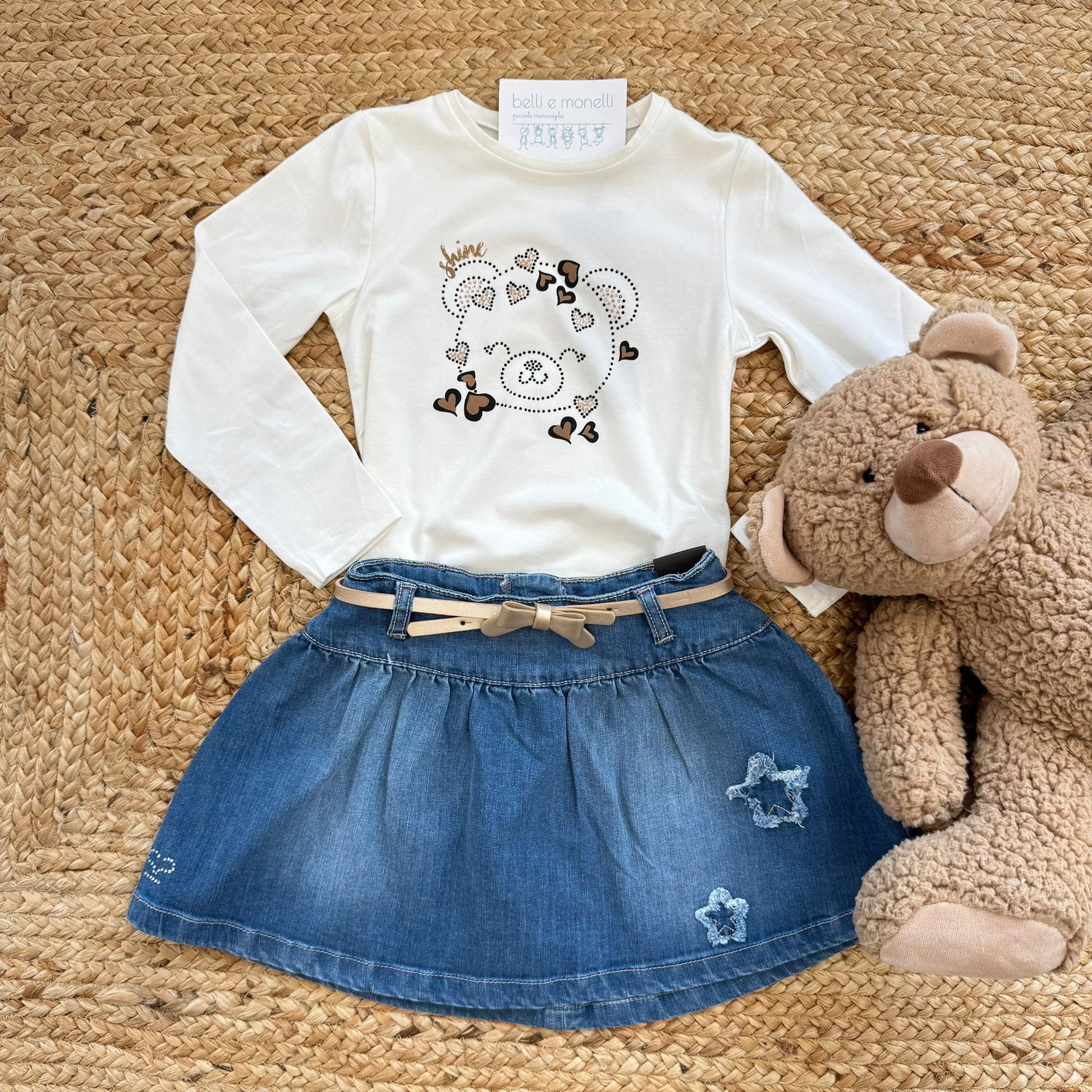 completo bambina con maglia orsetto e gonna jeans