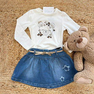 completo bambina con maglia orsetto e gonna jeans